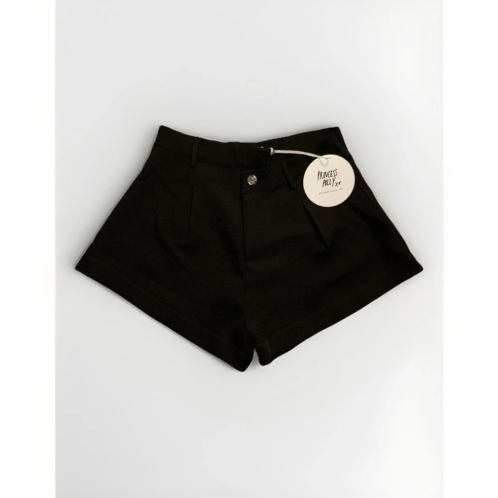 Princess Polly Asymmetrical High Rise‎ Shorts Black US 6 NWT Dressy Cuffed Poly
